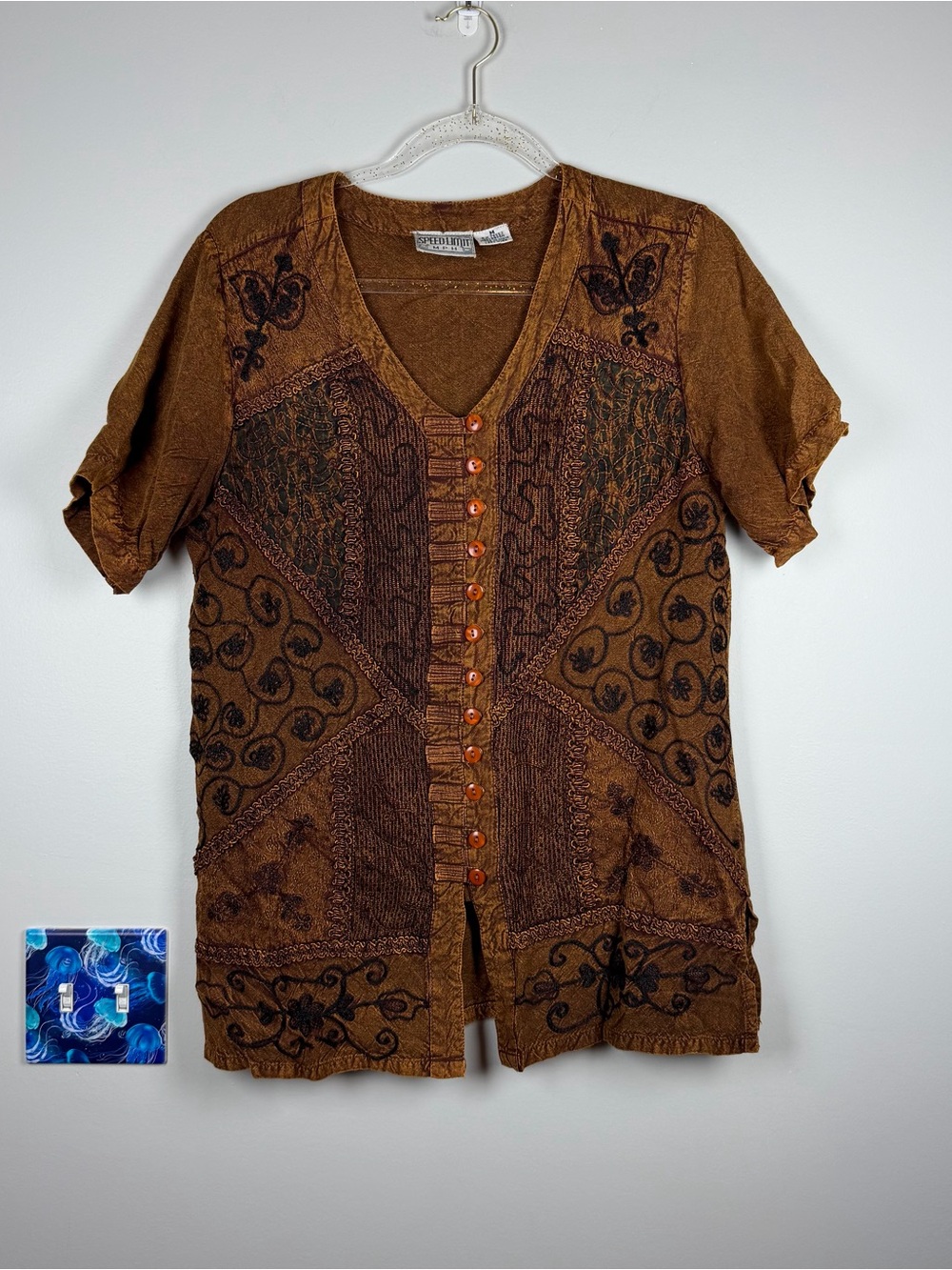 Vintage Speed Limit Rayon Brown Patchwork Fall Whimsy Festival Top Shirt Medium